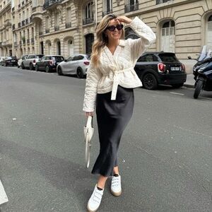 MNG MANGO Midi Satin Pull On Chic Office Classic Tailored Slip Skirt Black XL